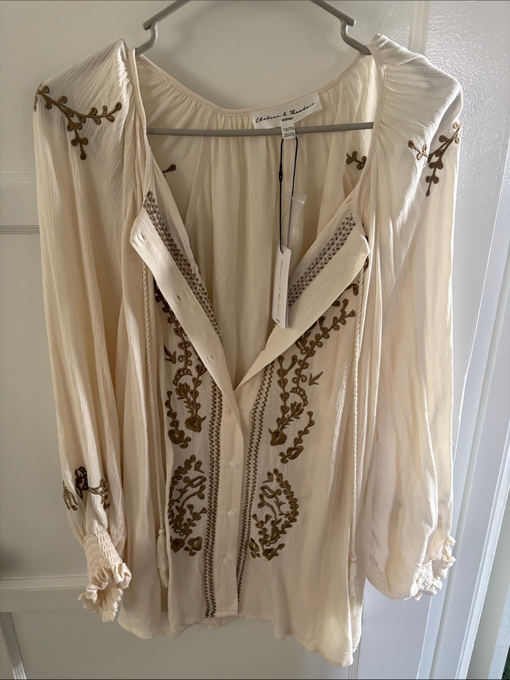 Chelsea & Theodore Cream Blouse with Brown Floral Embroidery